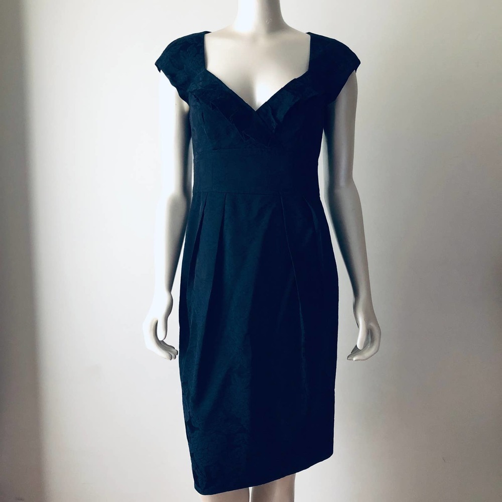 Nanette Lapore Black Silk Cocktail Dress Cap Sleeves Mid Length Ruffle Brocade